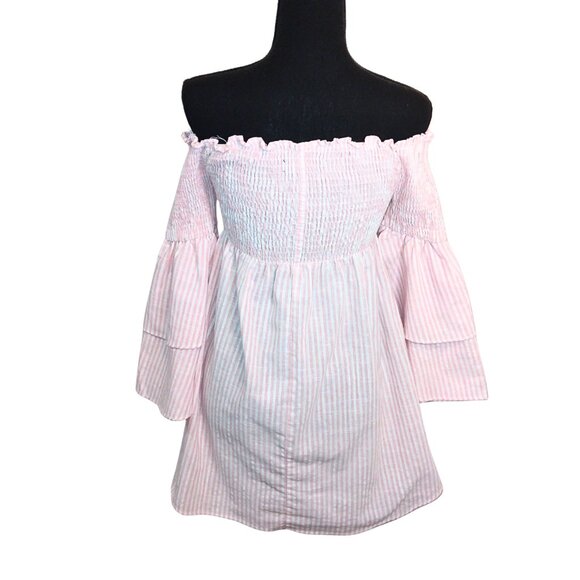 WOMEN'S PAPER HEART COLLECTIONS PINK & WHITE STRIPED SHIRT DRESS - SIZE M - Picture 2 of 4